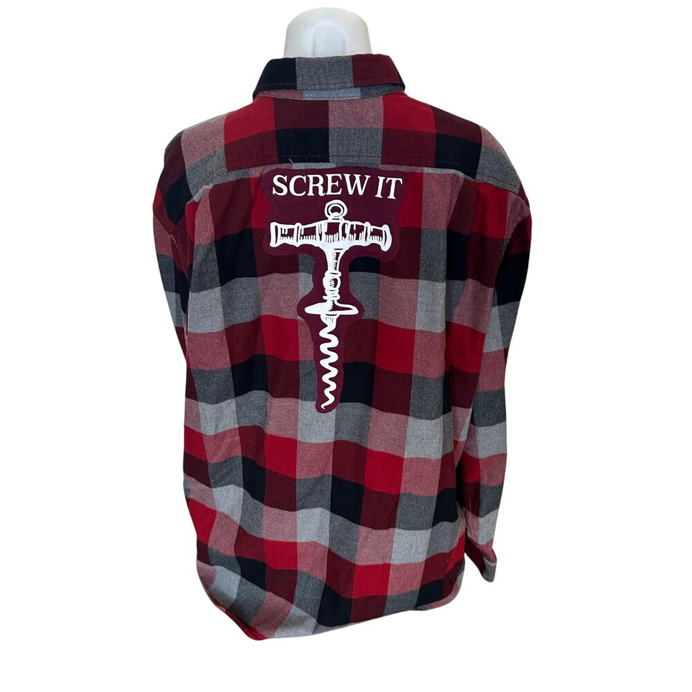 Wine Lover Plaid Flannel Shirt XL Oversized Upcycled Unique Camping Funny Quote